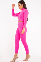 Fuchsia Rib Crop Jumper Loungewear Set - Ayriana-Loungewear