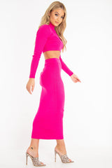 Fuchsia Rib Knit High Neck Jumper Midi Skirt Co-Ord - Katelyn-Co-ords