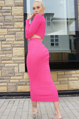 Fuchsia Rib Knit High Neck Jumper Midi Skirt Co-Ord - Katelyn-Co-ords
