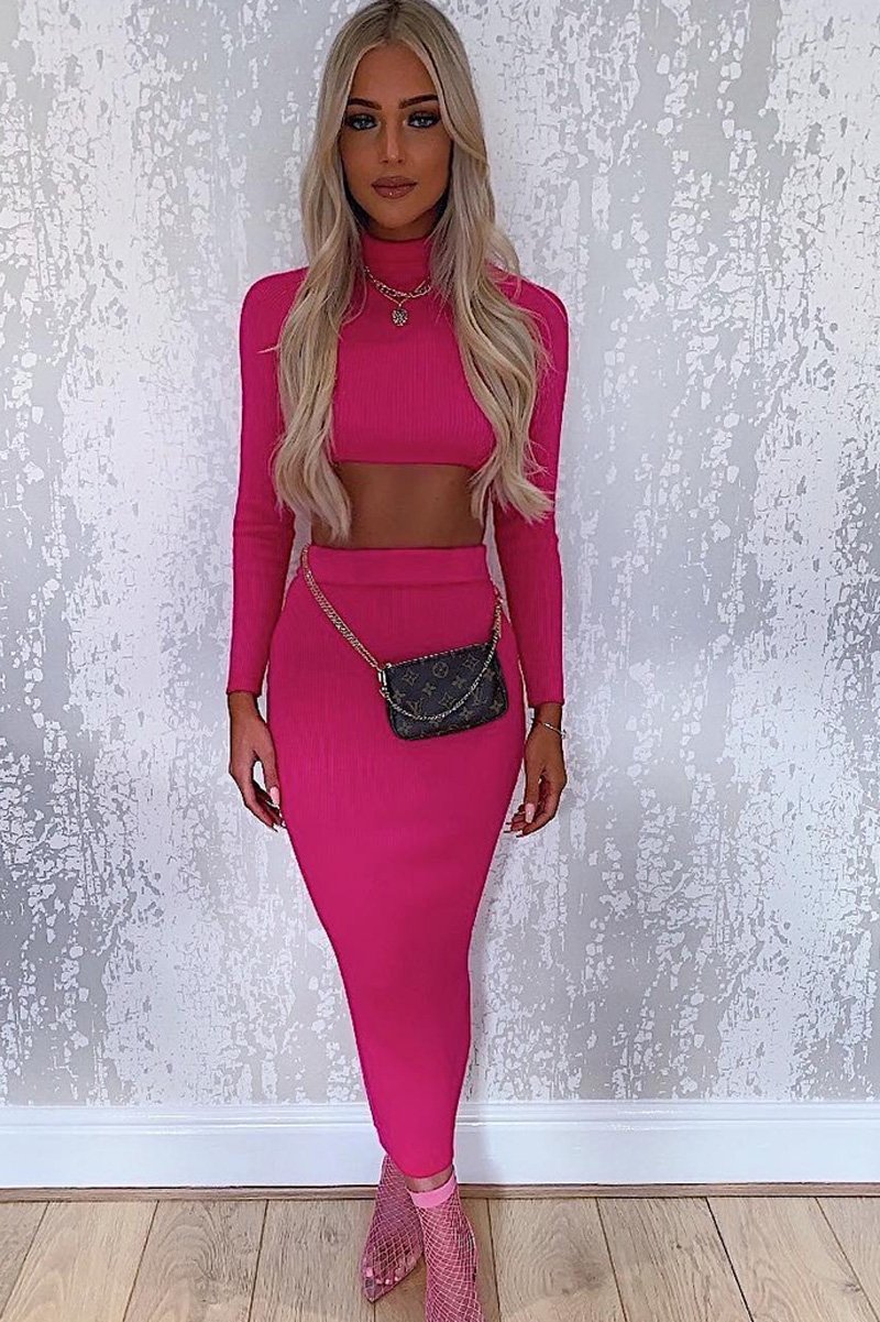 Fuchsia Rib Knitted Midi Skirt - Kloey-Skirts