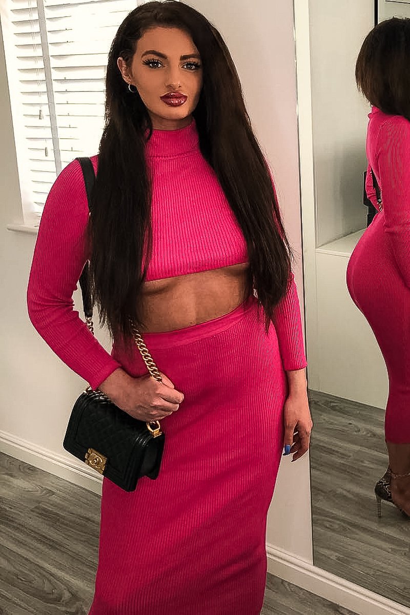 Fuchsia Rib Knitted Midi Skirt - Kloey-Skirts