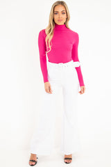 Fuchsia Rib Roll Neck Long Sleeve Top - Marci-Tops