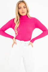 Fuchsia Rib Roll Neck Long Sleeve Top - Marci-Tops