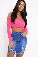 Fuchsia Ribbed Frill Bardot Crop Top - Cassidy-Crop Tops