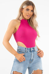 Fuchsia Ribbed High Neck Sleeveless Bodysuit - Electra-Bodysuits