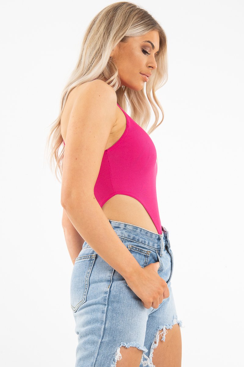Fuchsia Ribbed High Neck Sleeveless Bodysuit - Electra-Bodysuits