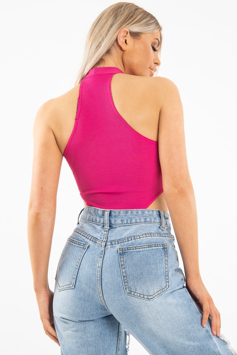 Fuchsia Ribbed High Neck Sleeveless Bodysuit - Electra-Bodysuits