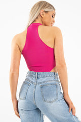 Fuchsia Ribbed High Neck Sleeveless Bodysuit - Electra-Bodysuits