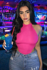 Fuchsia Ribbed High Neck Sleeveless Bodysuit - Electra-Bodysuits