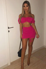 Fuchsia Ruched Bow Tie Crop Top Skirt Co-ord - Chasity-Co-ords