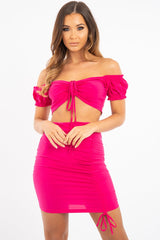 Fuchsia Ruched Bow Tie Crop Top Skirt Co-ord - Chasity-Co-ords