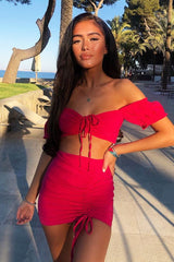 Fuchsia Ruched Bow Tie Crop Top Skirt Co-ord - Chasity-Co-ords