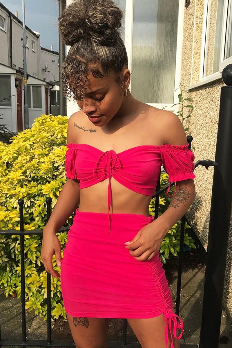 Fuchsia Ruched Bow Tie Crop Top Skirt Co-ord - Chasity-Co-ords