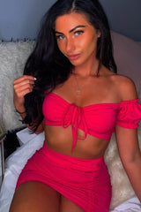 Fuchsia Ruched Bow Tie Crop Top Skirt Co-ord - Chasity-Co-ords