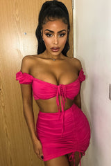 Fuchsia Ruched Bow Tie Crop Top Skirt Co-ord - Chasity-Co-ords