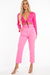 Fuchsia Satin Cut Out Tie Front Bodysuit - Ezabella-Bodysuits
