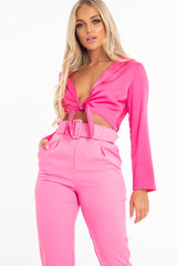 Fuchsia Satin Cut Out Tie Front Bodysuit - Ezabella-Bodysuits