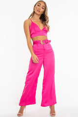 Fuchsia Satin Plunge Bralet Belted Trousers Co-Ord - Paola-Co-ords