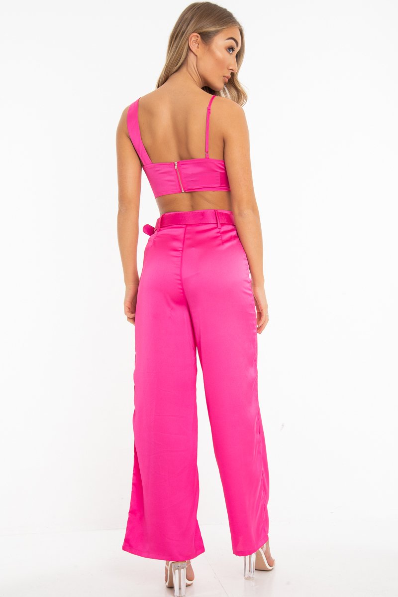 Fuchsia Satin Plunge Bralet Belted Trousers Co-Ord - Paola-Co-ords