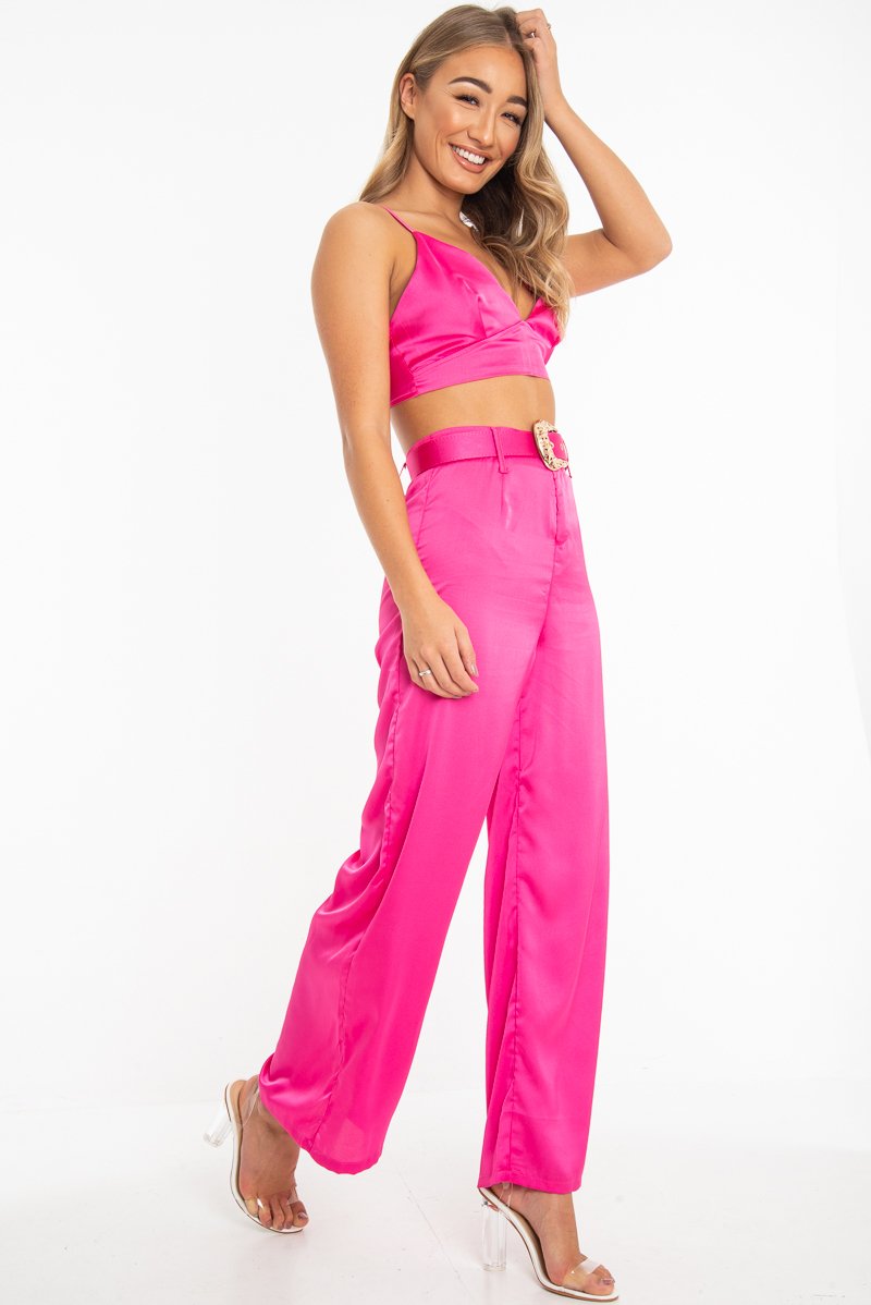 Fuchsia Satin Plunge Bralet Belted Trousers Co-Ord - Paola-Co-ords