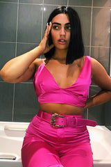 Fuchsia Satin Plunge Bralet Belted Trousers Co-Ord - Paola-Co-ords