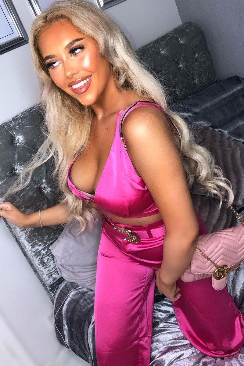 Fuchsia Satin Plunge Bralet Belted Trousers Co-Ord - Paola-Co-ords