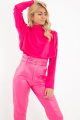 Fuchsia Satin Shoulder Pad Shirred Waist Blouse - Farida-Blouse