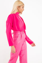 Fuchsia Satin Shoulder Pad Shirred Waist Blouse - Farida-Blouse