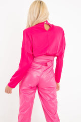 Fuchsia Satin Shoulder Pad Shirred Waist Blouse - Farida-Blouse