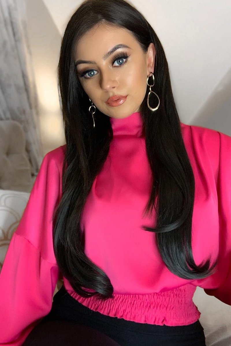 Fuchsia Satin Shoulder Pad Shirred Waist Blouse - Farida-Blouse
