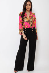 Fuchsia Scarf Print Plunge Bodysuit - Cindy-Lou-Bodysuits