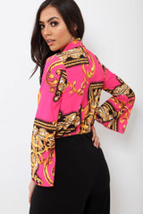 Fuchsia Scarf Print Plunge Bodysuit - Cindy-Lou-Bodysuits