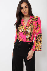 Fuchsia Scarf Print Plunge Bodysuit - Cindy-Lou-Bodysuits