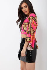 Fuchsia Scarf Print Plunge Top - Hatty-Tops