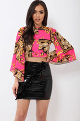 Fuchsia Scarf Print Plunge Top - Hatty-Tops
