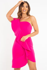 Fuchsia Scuba One Shoulder Ruffle Front Dress - Kyomi-Dresses