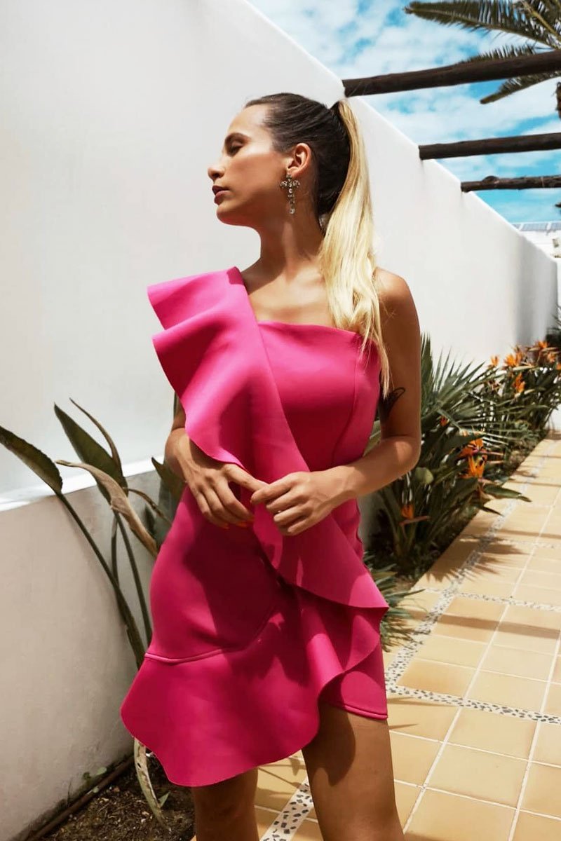 Fuchsia Scuba One Shoulder Ruffle Front Dress - Kyomi-Dresses