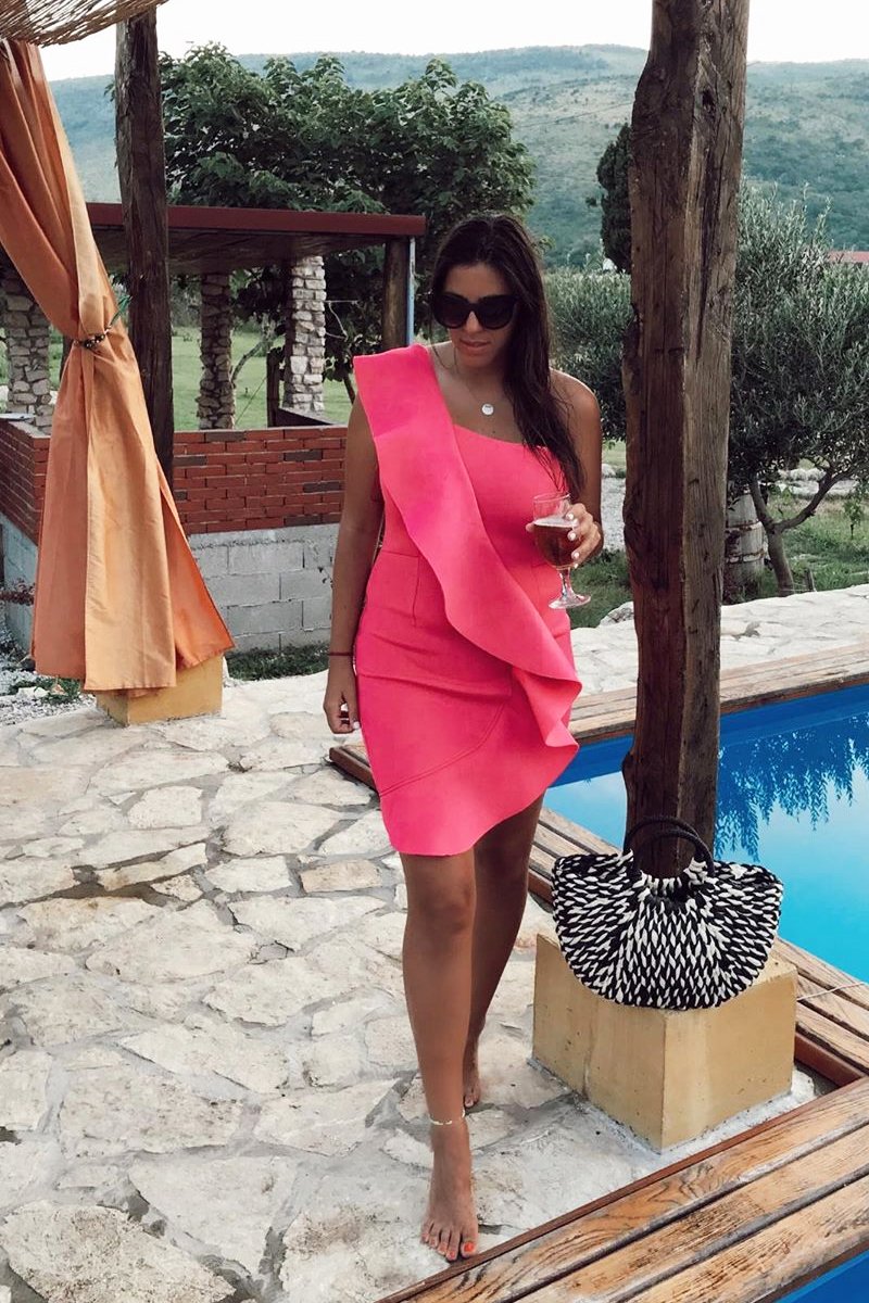 Fuchsia Scuba One Shoulder Ruffle Front Dress - Kyomi-Dresses