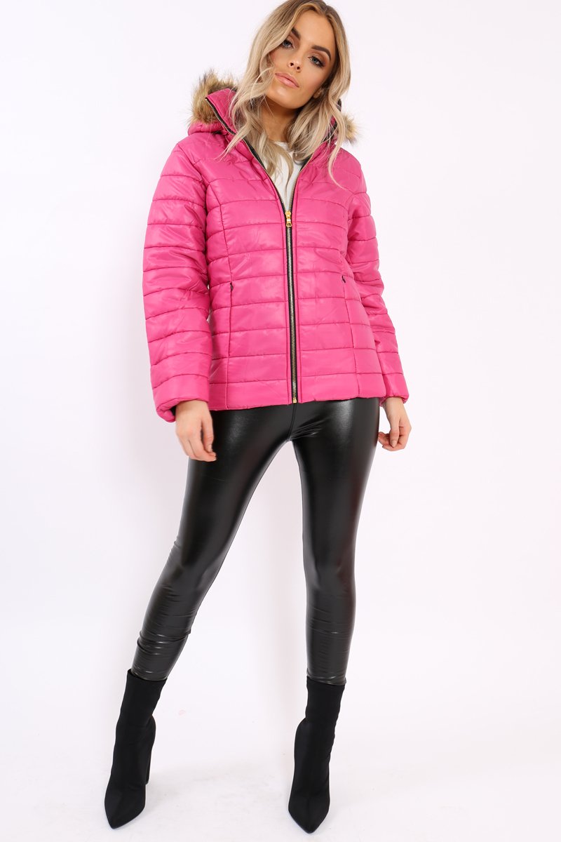 Fuchsia Shiny Puffer Coat with Fur Hood - Idy-Coats