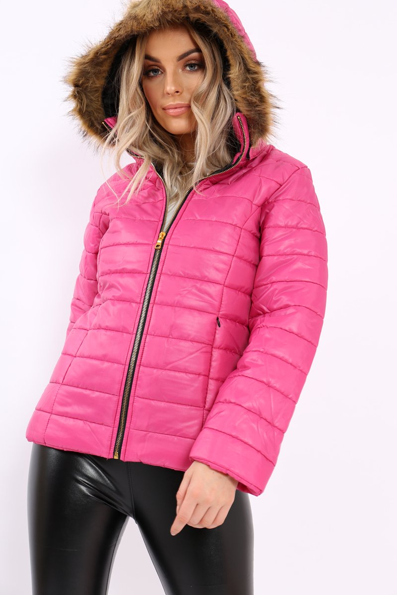 Fuchsia Shiny Puffer Coat with Fur Hood - Idy-Coats