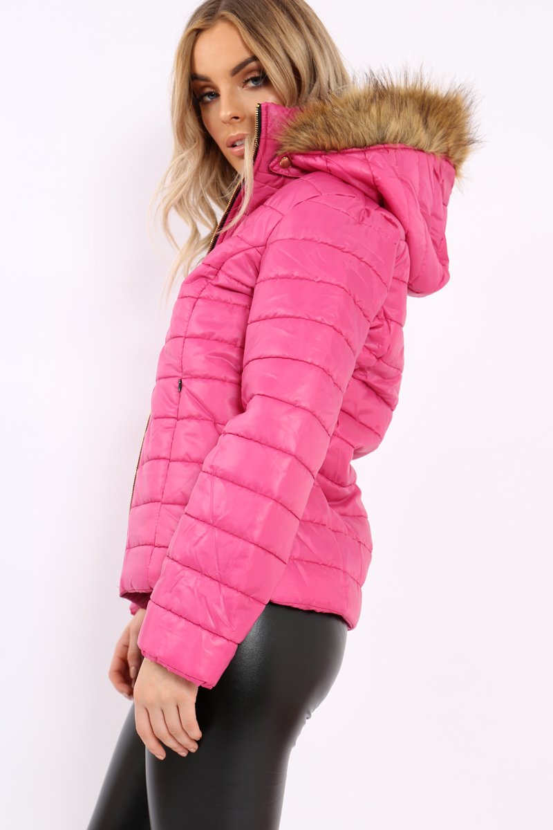 Fuchsia Shiny Puffer Coat with Fur Hood - Idy-Coats