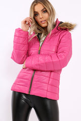 Fuchsia Shiny Puffer Coat with Fur Hood - Idy-Coats