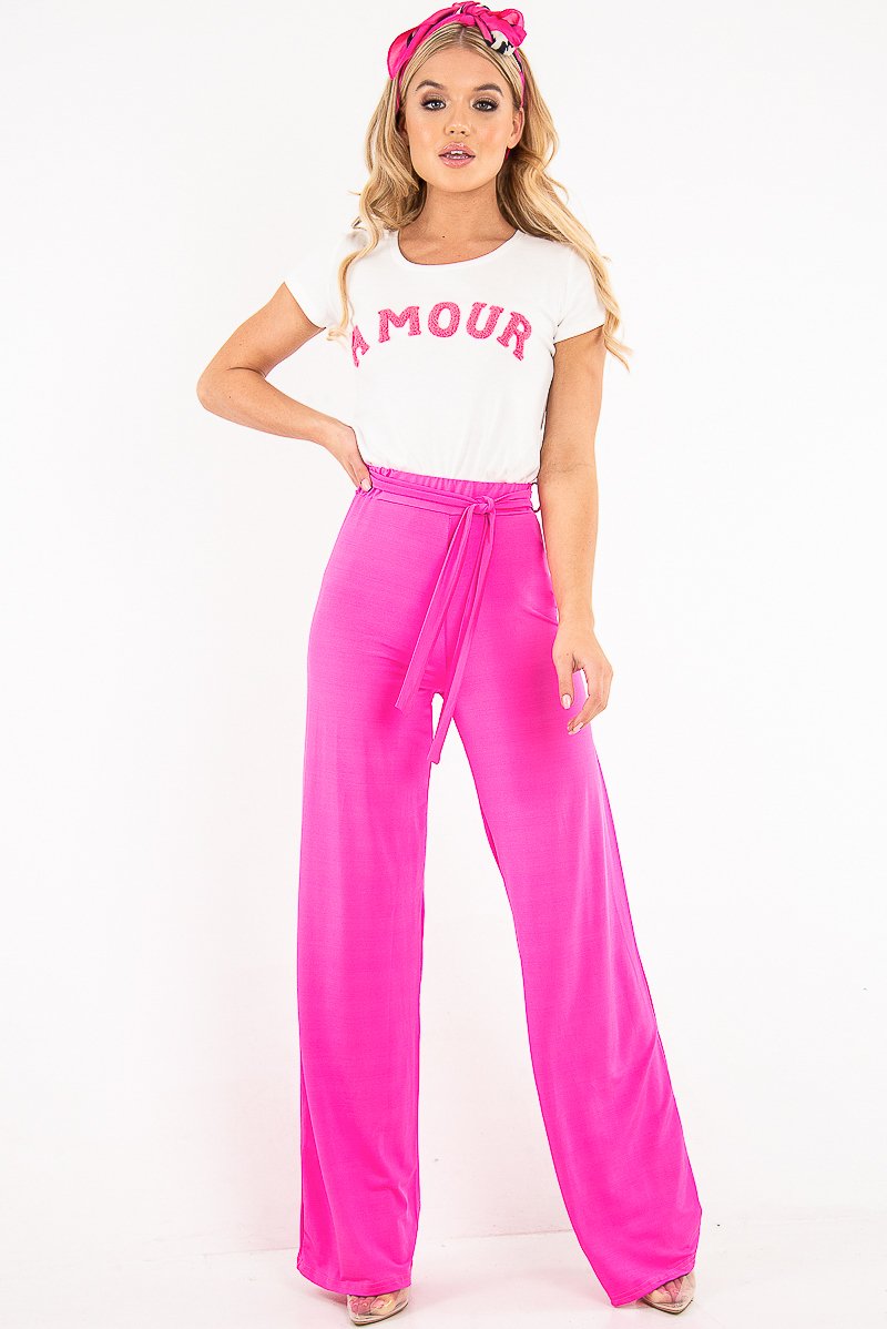 Fuchsia Slinky Tie Detail Wide Leg Trousers - Jenelle-Trousers