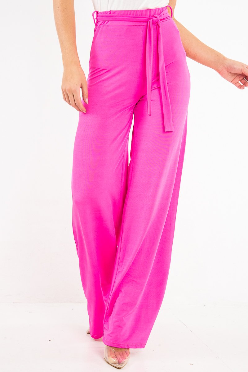 Fuchsia Slinky Tie Detail Wide Leg Trousers - Jenelle-Trousers