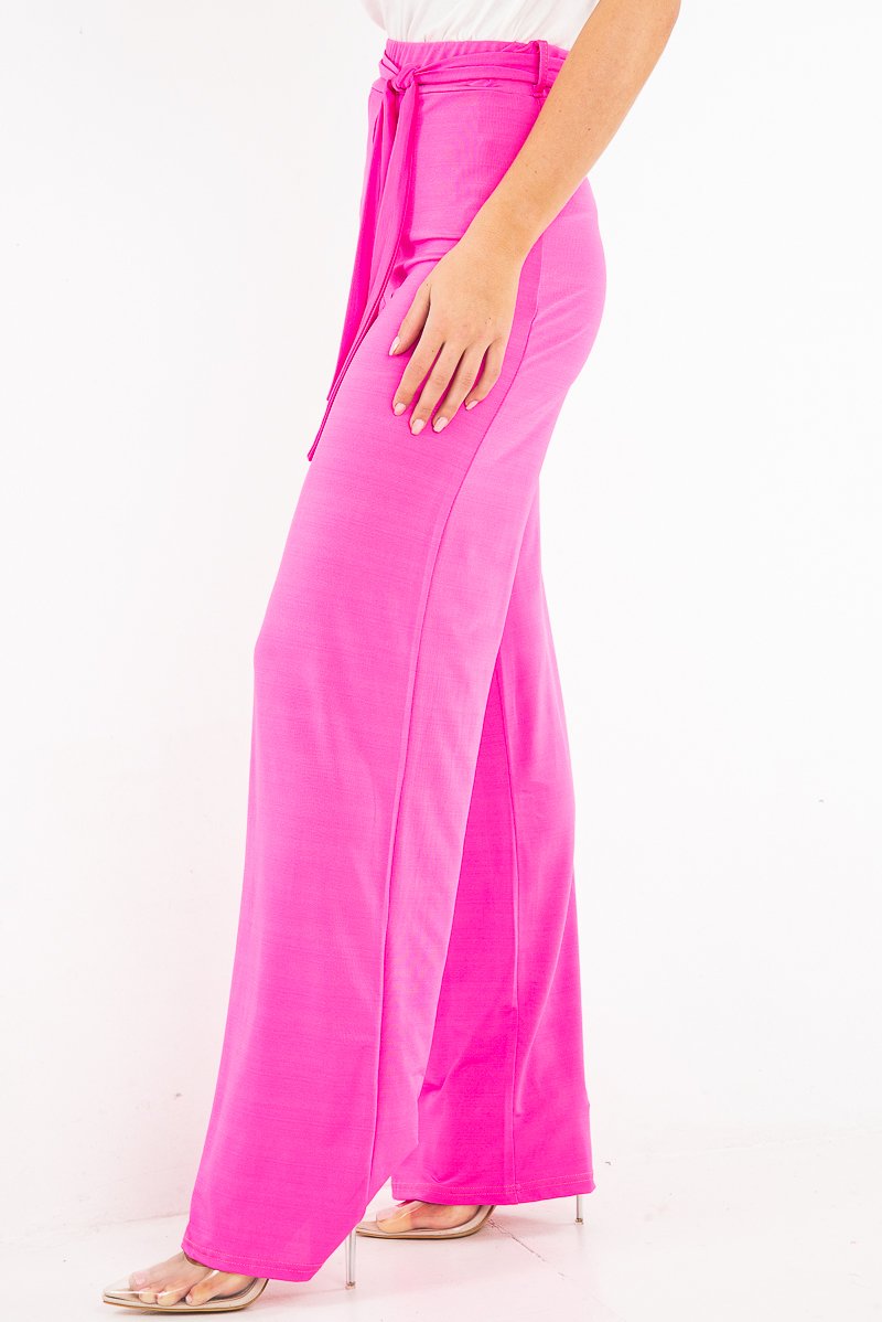 Fuchsia Slinky Tie Detail Wide Leg Trousers - Jenelle-Trousers