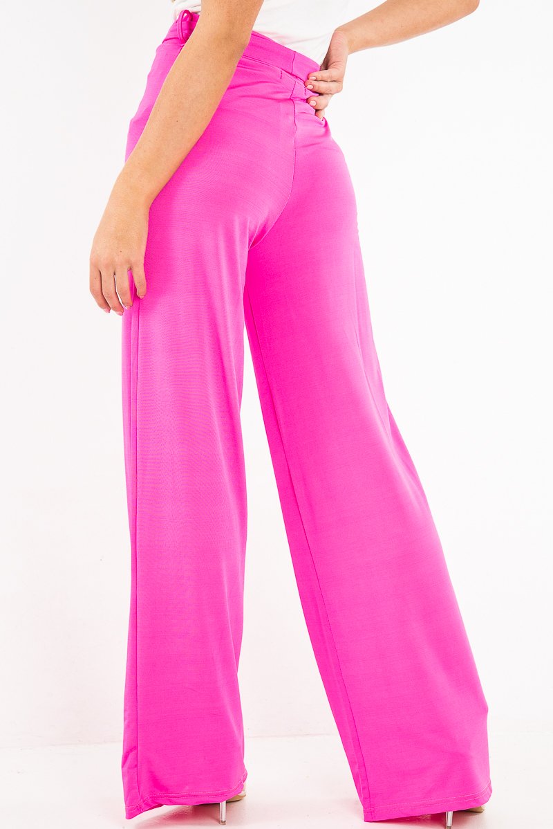 Fuchsia Slinky Tie Detail Wide Leg Trousers - Jenelle-Trousers