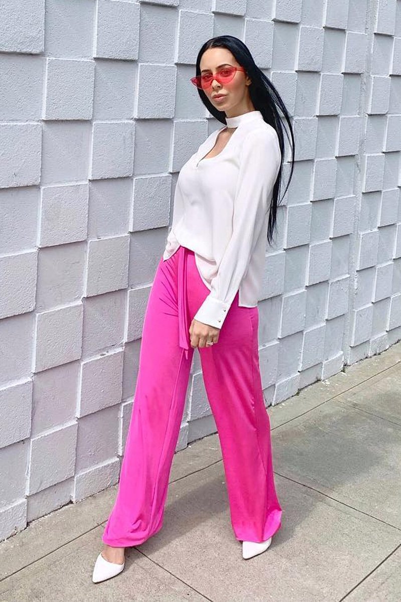 Fuchsia Slinky Tie Detail Wide Leg Trousers - Jenelle-Trousers