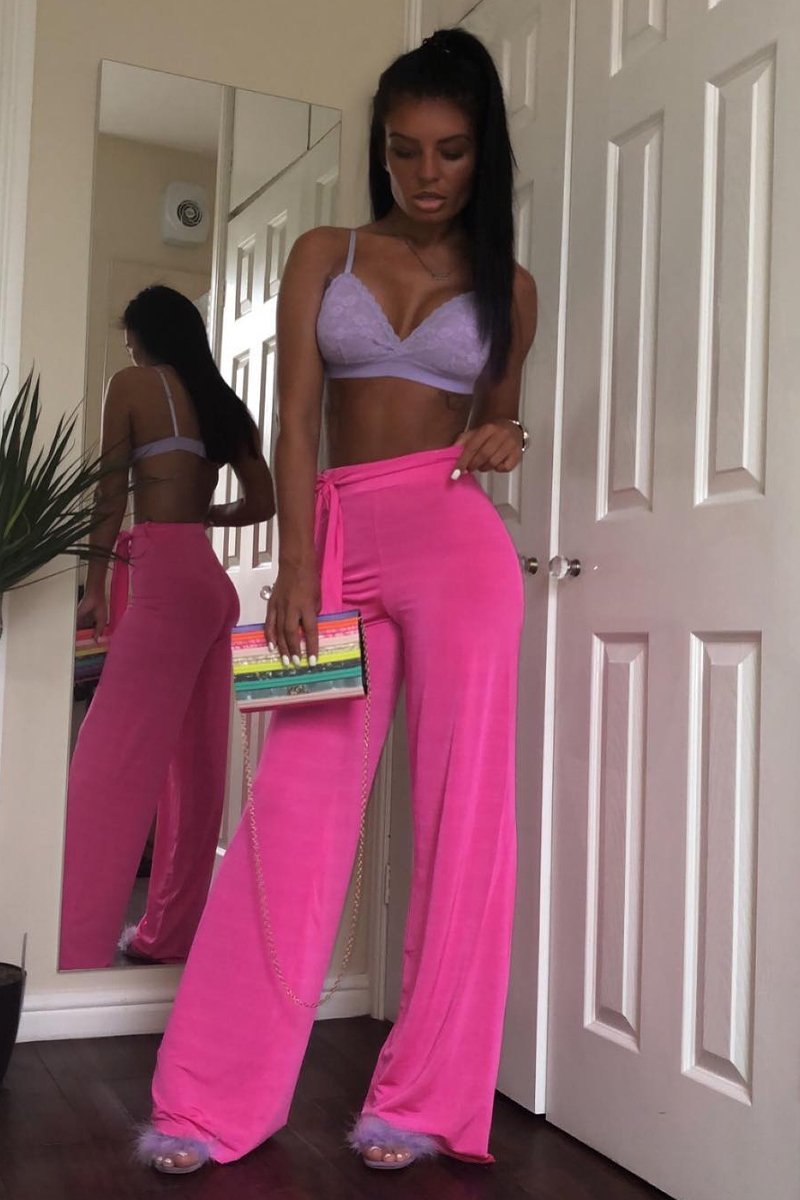 Fuchsia Slinky Tie Detail Wide Leg Trousers - Jenelle-Trousers