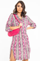 Fuchsia Snake Print Oversized Shirt Dress - Joselynn-Dresses