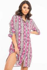 Fuchsia Snake Print Oversized Shirt Dress - Joselynn-Dresses